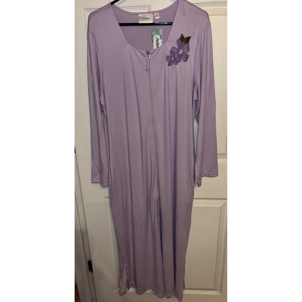 NWT National M Soft Knit Full Zip House Dress Gown Embroidered Purple Pockets